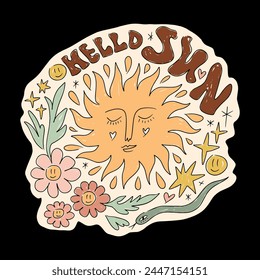 Retro groovy lettering hand drawn font stamp 70s groovy boho art hippie style label, sun flower vector illustration. Boho botanical leaves, flowers, sunshine decorative elements. Perfect for posters