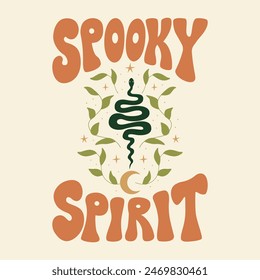 Las letras groovy retro citan el espíritu espeluznante y la serpiente. Ilustración plana de Vector. Afiche místico de Halloween	