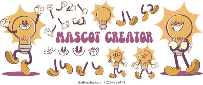 Retro groovy light bulb character creation kit, lamp mascot parts, vintage cartoon character creator