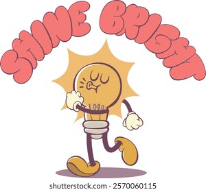 Retro Groovy light bulb Character with Funky Handwritten Quote - 70s Style Typography Design