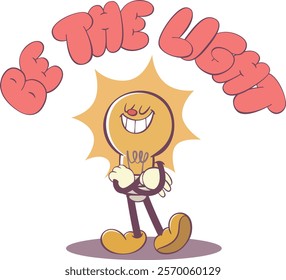 Retro Groovy light bulb Character with Funky Handwritten Quote - 70s Style Typography Design