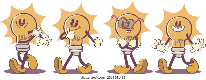 Retro groovy light bulb mascot, cute LED cartoon character