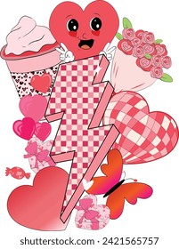 Retro groovy lightning checkered, Disco heart, Rose bouquet, Balloons, Coffee Valentine element