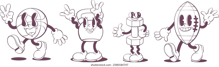 Retro groovy line art mascot, funky 70s character