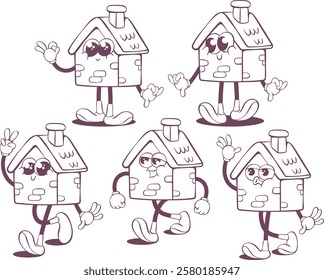 Retro groovy line art mascot, funky 70s character