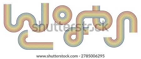  Retro groovy line set on white backdrop. Rainbow curves, swirls, stripes in wave shapes with parallel bands. Vector 70s geometric design. Template for psychedelic poster, wallpaper overlay.