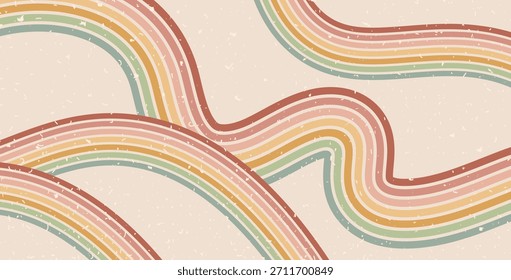 Fondo de líneas groovy retro. Fondo de pantalla de patrón abstracto de trayectoria de onda de los años 70. Diseño de rayas vintage onduladas Horizontales de Vector. Fondo gráfico de arte Pop. Anuncio moderno con adorno de rayas con curvas.