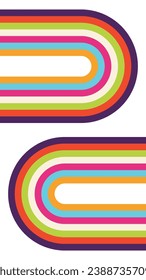 Patrón de líneas retro Groovy en naranja azul púrpura. Ilustración de vector de banner hippie psicodélico