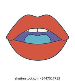 Retro groovy lips. Colorful cartoon psychedelic 60s, 70s style. Minimalistic old-fashioned art design.