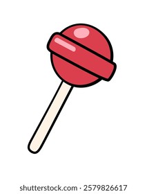 Retro groovy lollipop. Cartoon round candy on a stick. Isolated on white background.