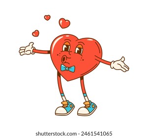 Retro groovy amor corazón personaje de envío de besos, San Valentín Día Vector personage. Lindo corazón de dibujos animados con pajarita vintage y zapatos divertidos soplando un beso. Feliz emoticono sonriente de amor y abrazos