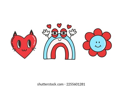 Retro groovy love heart doodle collection. Cute hand drawn vector illustration set with funky heart, flower, rainbow