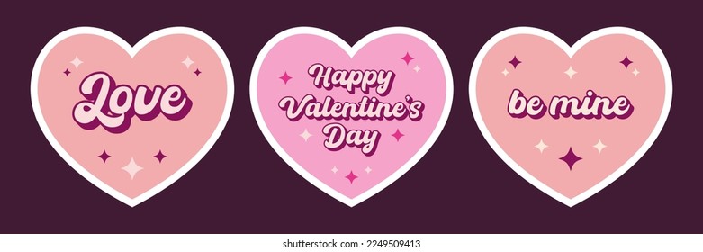 Retro groovy love sticker set. Thank you phrase with retro stars. Heart shapes print for graphic tee in y2k style. Print for sticker, square poster, graphic tee, bullet journal cover, cards.