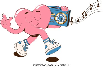 Retro groovy lovely dancing heart with a boom box character. Cartoon romantic 60s 70s vintage Happy Valentine's day sticker. Vector illustration in pink and blue colors on a transparent background.