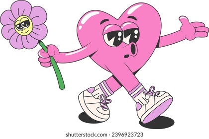 Retro groovy lovely heart character with a flower . Cartoon romantic 60s, 70s vintage Happy Valentines day sticker. Vector illustration in pink and purple colors on a transparent background. 