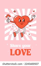 Retro groovy lovely hearts posters. Love concept. Happy Valentines day greeting card in trendy retro 60s 70s cartoon style. Vector illustration in pink red colors.  Groovy heart.  Card, postcard, prin