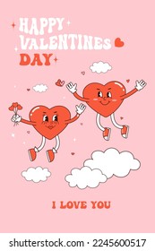 Retro groovy lovely hearts posters. Love concept. Happy Valentines day greeting card in trendy retro 60s 70s cartoon style. Vector illustration in pink red colors.  Groovy heart.  Card, postcard, prin