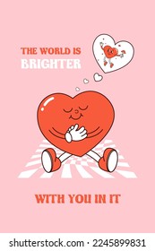 Retro groovy lovely hearts posters. Love concept. Happy Valentines day greeting card in trendy retro 60s 70s cartoon style. Vector illustration in pink red colors. Groovy heart. Card, postcard, prin