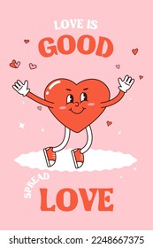 Retro groovy lovely hearts posters. Love concept. Happy Valentines day greeting card in trendy retro 60s 70s cartoon style. Vector illustration in pink red colors.  Groovy heart.  Card, postcard, prin