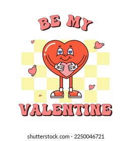 Retro groovy lovely hearts posters. Love concept. Happy Valentines day greeting card in trendy retro 60s 70s cartoon style. Vector illustration in pink red colors. Groovy heart. Card, postcard, print