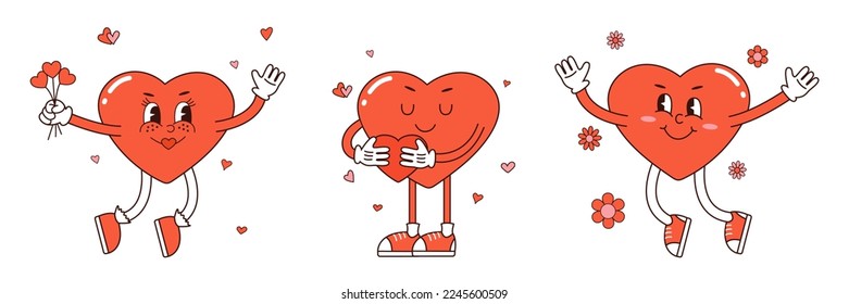 Retro groovy lovely hearts stickers in trendy retro 60s 70s cartoon style.  Love concept. Happy Valentine's day. Vector illustration in pink red colors.  Groovy heart. 