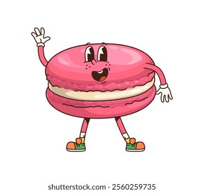 Retro groovy macaroon character. Cartoon vector pink sweet macaron dessert personage waving hand. Isolated vector cheerful confectionery for kids cafe menu. Cute french pastry bakery or patisserie