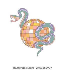 Retro groovy magic snake wraps around disco ball vector illustration isolated on white. Hand drawn linear style mystery serpent entwined around mirror ball print poster postcard design. October 31st