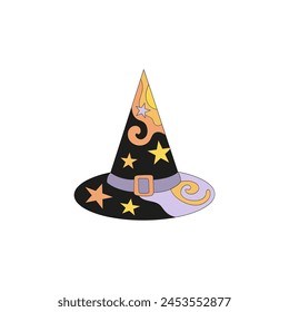 Retro groovy magic witch or wizard hat decorated with stars vector illustration isolated on white. Hand drawn linear style mystery hag costume acessory print poster postcard design. October 31st