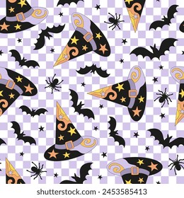 Retro groovy magic witch or wizard hat decorated with stars on checkerboard with spiders and bats vector seamless pattern. Hand drawn linear style mystery hag costume acessory background. October 31st