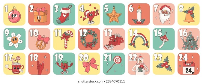 Retro groovy Merry Christmas advent calendar surprise. Countdown funny cartoon style characters and elements. Modern vector illustration for stickers.