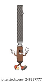 Personaje de herramienta de archivo de metal groovy retro para reparación y trabajo de bricolaje, Vector de dibujos animados. Divertido archivo de metal groovy o personaje de herramienta de dibujos animados retro sonriendo con cara funky feliz para carpintería y carpintería