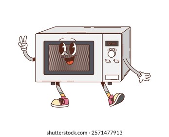 Retro groovy microwave oven cartoon character for kitchenware utensil, vector funny appliance character. Groovy microwave oven with happy smile and hippie peace gesture for kitchen appliance character