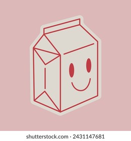 Retro groovy milk pack with smiling face. Cardboard box cartoon character. Funny dairy product in vintage style. Vector graphic for sticker, patch, badge design