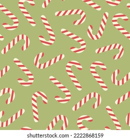 Retro groovy minimal seamless pattern with christmas sweets on a green background. Pastel colors. Trendy vector illustration in style 60s, 70s