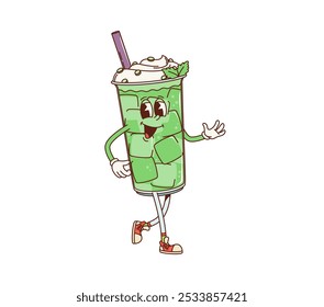 Personagem retro groovy mint milkshake sobremesa. Vetor de desenhos animados isolado fresco e refrescante deleite, personagem coquetel de vidro com cubos de gelo, expressão alegre, coberto com chantilly e folhas de hortelã