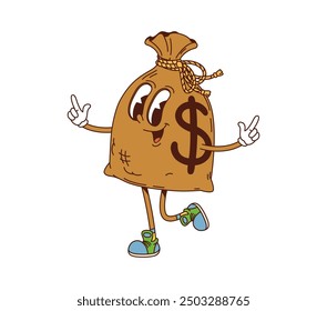 Retro groovy personaje de finanzas de bolsa de dinero. Vector de dibujos animados aislado moneybag marrón funky y vintage personage. Fuerte saco de arpillera de efectivo con un signo de dólar de su lado, irradiando riqueza y prosperidad