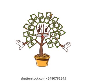 Retro groovy money tree character with a cheerful mustached face, dollar bills on branches and wearing gloves, symbolizing wealth and prosperity. Isolated cartoon vector vintage moneytree personage