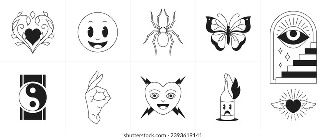 Retro groovy monochrome cartoon characters and elements trendy tattoo icon set vector illustration. Psychedelic comic emoji flourish heart smiley spider butterfly occultism okay symbol heart bottle