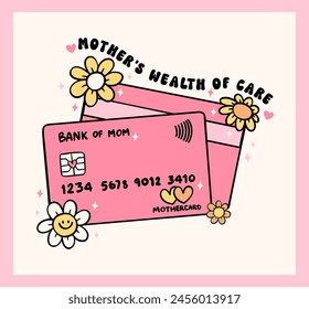 Retro groovy Mothers day Bank of mom credit card Doodle Drawing Vibrant Pastel Color for Greeting Card and Sticker, tshirt Sublimation.