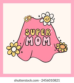 Retro Groovy Mothers Day Cape  Super Mom Doodle Drawing Vibrant Pastel Color for Greeting Card and Sticker, tshirt Sublimation.