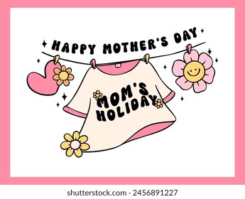 Retro Groovy Mothers Day card mom holiday funny Doodle Drawing Vibrant Pastel Color for funny sarcastic Greeting Card and Sticker, tshirt Sublimation.