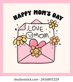 Retro Groovy Mothers Day card love mom letter Doodle Drawing Vibrant Pastel Color for funny sarcastic Greeting Card and Sticker, tshirt Sublimation.