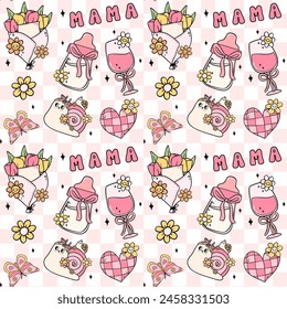 Retro Groovy Mothers Day seamless pattern best mom cute Doodle isolated on background