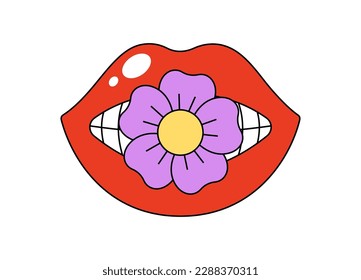 Retro groovy mouth with chamomile between teeth. Hippy glossy red open lips and daisy flower. Funky female lip with lipstick and floret. Vintage hippie sticker. Trendy y2k pop art patch. Vector eps