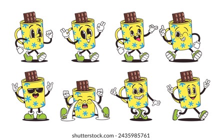Retro Groovy Mug Character Vector Set. Whimsical, Vibrant Cup With Chocolate Bar In Style Of 60s And 70s