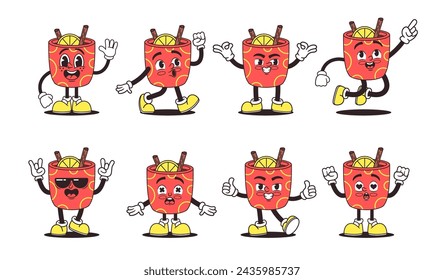 Retro Groovy Mug Characters Vector Set. Bold, Vibrant, And Funky Tea Cup Personage with Lemon Slice and Cinnamon Sticks