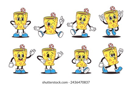 Retro Groovy Mug Characters Vector Set. Vibrant Cups with Cocoa Drink and Candy Cane, Yellow Colors and and Emotions