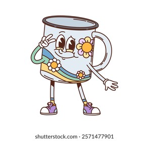 Retro groovy mug of kitchenware and utensil with funny face, vector cartoon character. Groovy cup or mug with happy smile and flowers ornament for kitchenware or drink utensil cartoon character