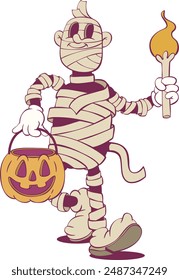 Retro groovy mummy halloween mascot character