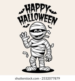 Retro groovy mummy halloween mascot character with HAPPY HALLOWEEN TEXT